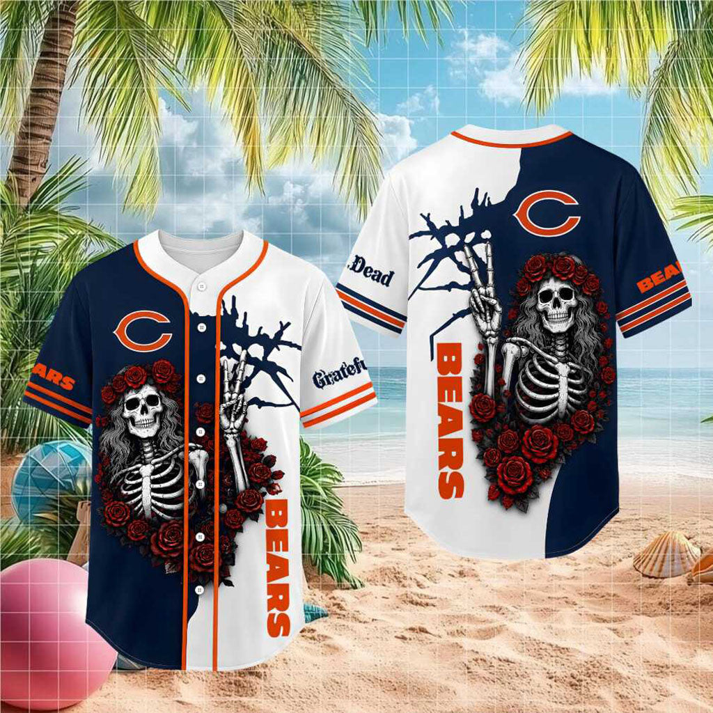 Chicago Bears Grateful Dead Skull Rose Baseball Jersey Chicago Bears Merch Gifts For Him - Merchluma