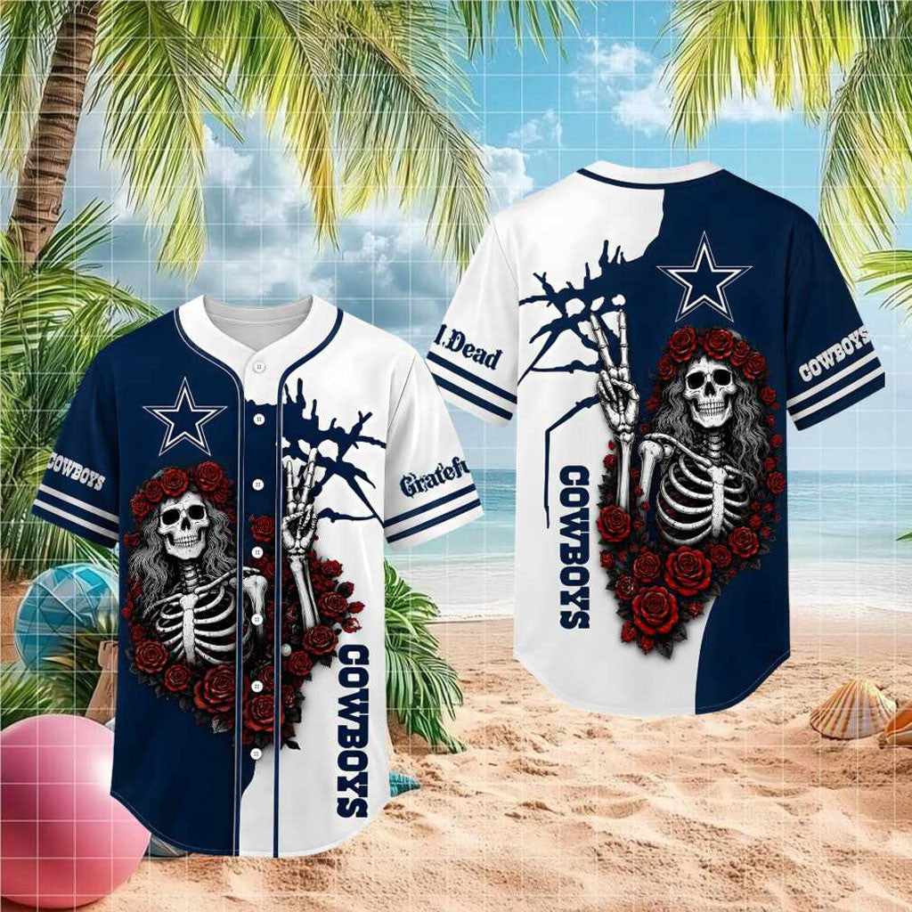 Dallas Cowboys Grateful Dead Skull Rose Baseball Jersey Dallas Cowboys Merch Gifts For Him - Merchluma