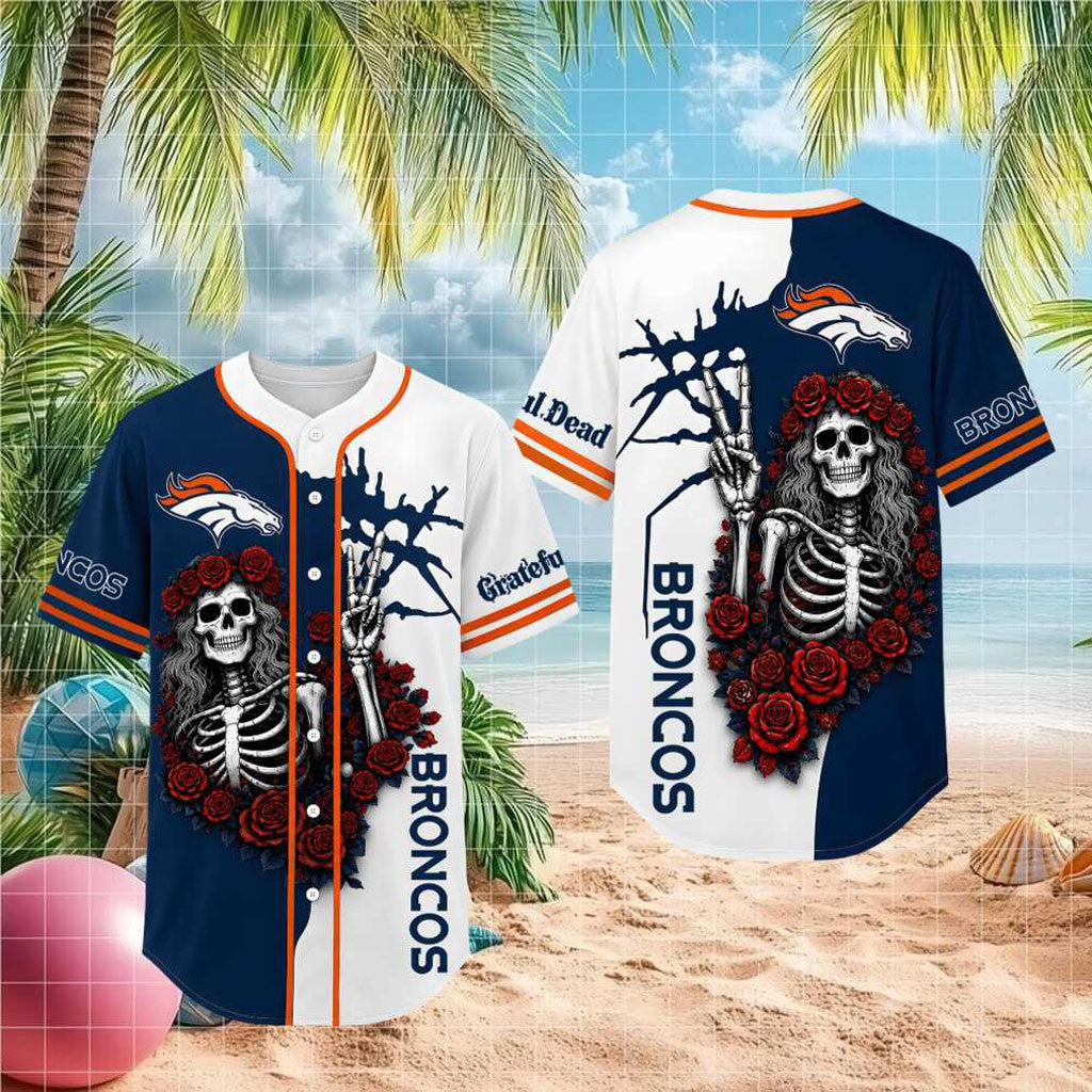 Denver Broncos Grateful Dead Skull Rose Baseball Jersey Denver Broncos Merch Gifts For Son - Merchluma