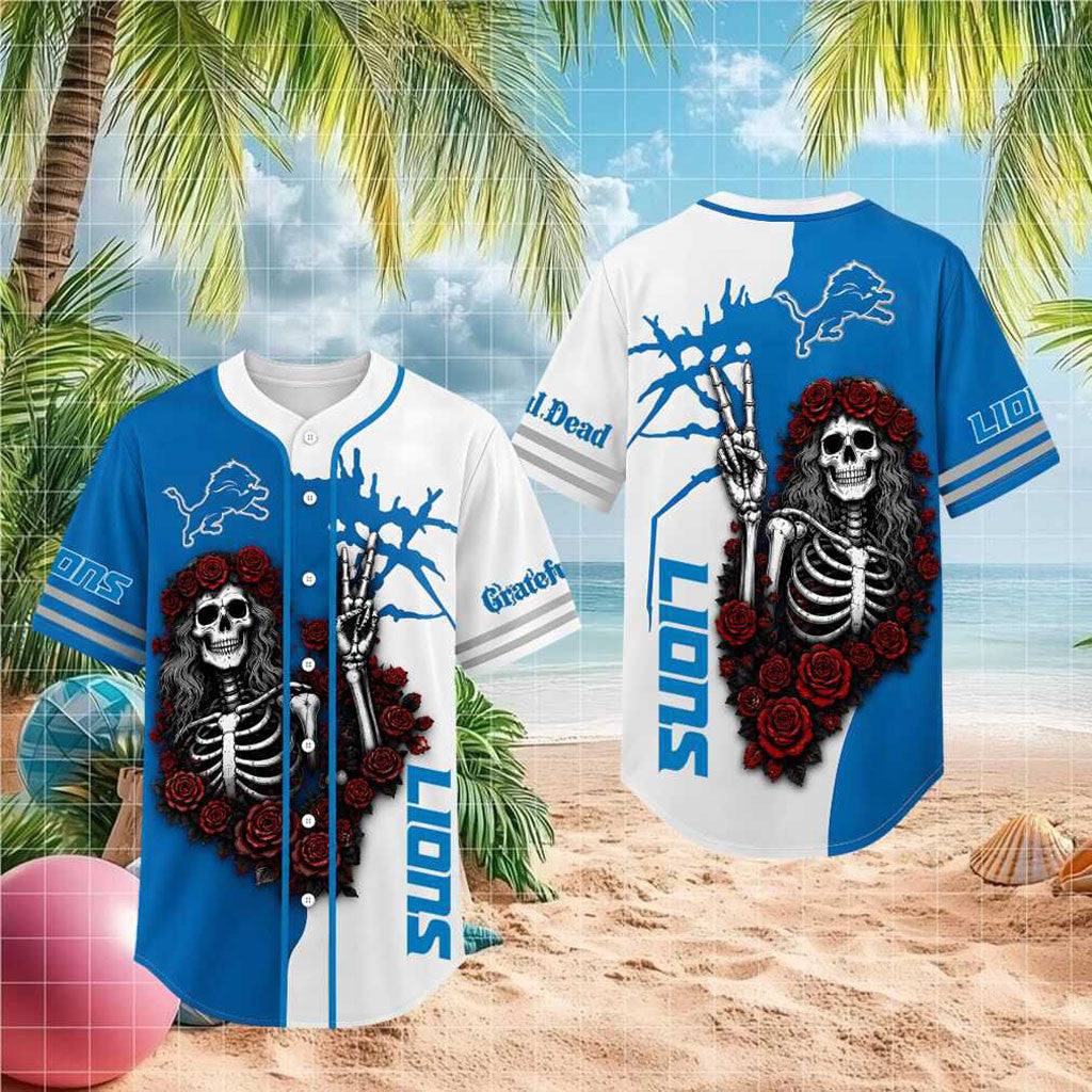 Detroit Lions Grateful Dead Skull Rose Baseball Jersey Detroit Lions Merch Gifts For Son - Merchluma