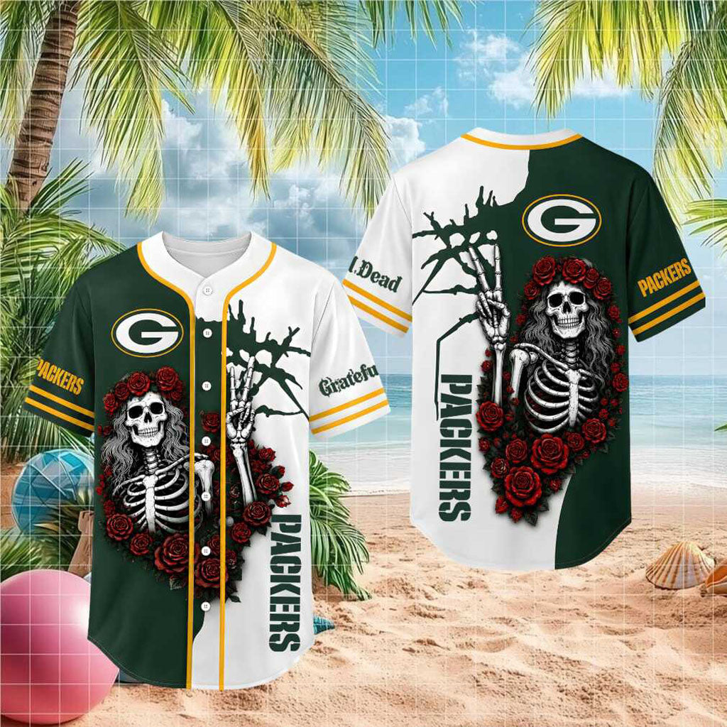 Green Bay Packers Skeleton Grateful Roses Baseball Jersey Packers Merch Gifts For Dad - Merchluma