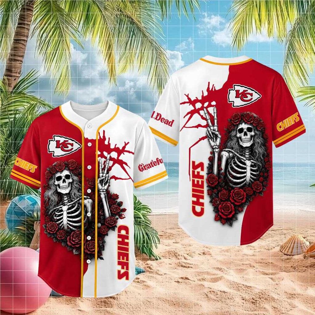 Kansas City Chiefs Skeleton Grateful Roses Baseball Jersey Chiefs Merch Gifts For Dad - Merchluma