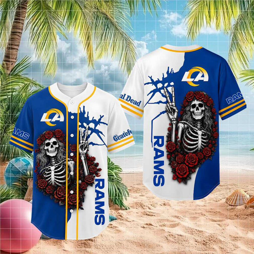 Los Angeles Rams Skeleton Grateful Roses Baseball Jersey Rams Merch Gifts For Husband - Merchluma