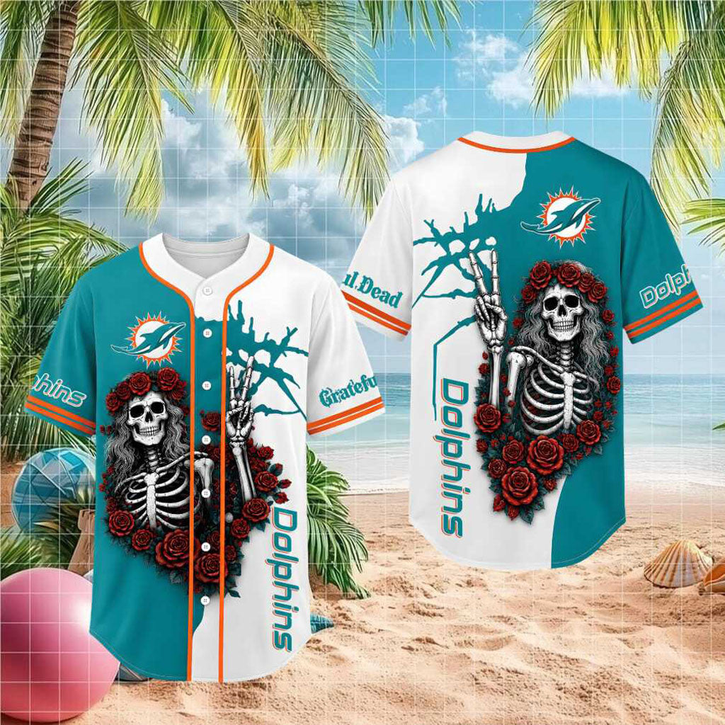 Miami Dolphins Skeleton Grateful Roses Baseball Jersey Dolphins Merch Gifts For Husband - Merchluma