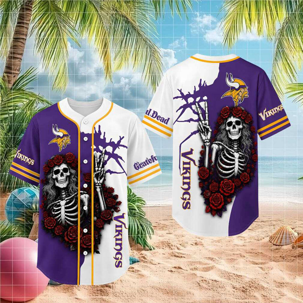 Minnesota Vikings Skeleton Grateful Roses Baseball Jersey Vikings Merch Gifts For Brother - Merchluma