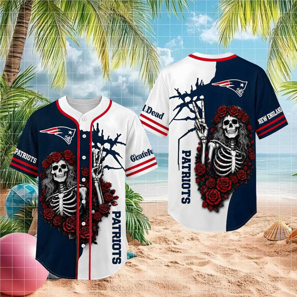 New England Patriots Skeleton Grateful Roses Baseball Jersey Patriots Merch Gifts For Brother - Merchluma