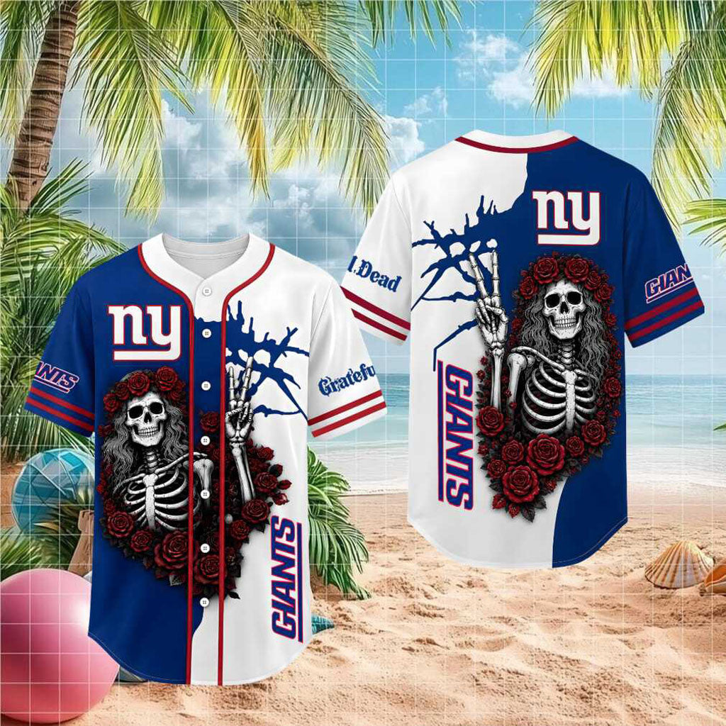 New York Giants Skeleton Grateful Roses Baseball Jersey Giants Merch Gifts For Boyfriend - Merchluma