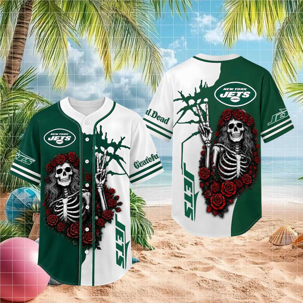 New York Jets Skeleton Grateful Roses Baseball Jersey Jets Merch Gifts For Boyfriend - Merchluma