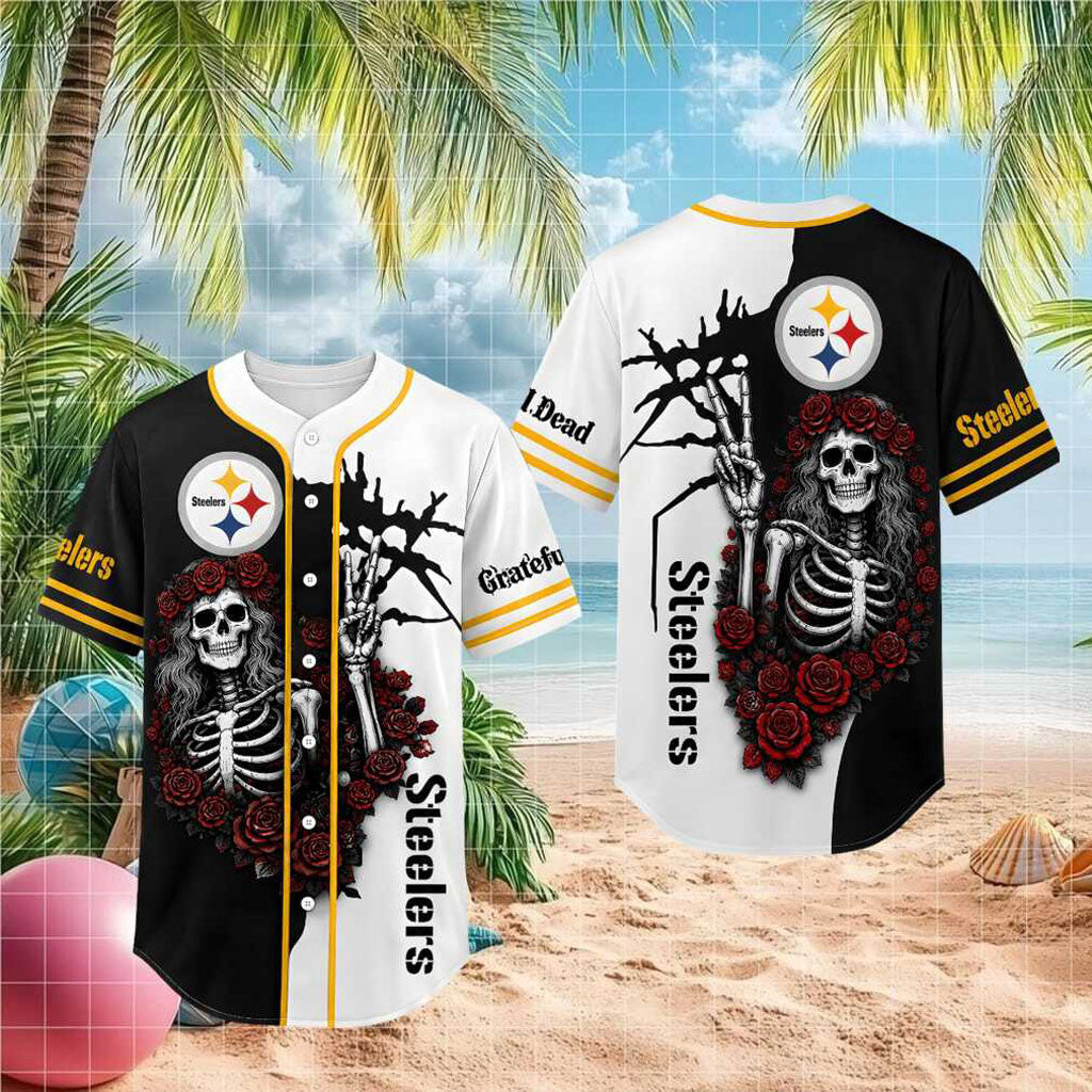 Pittsburgh Steelers Skeleton Grateful Roses Baseball Jersey Steelers Merch Gifts For Father - Merchluma