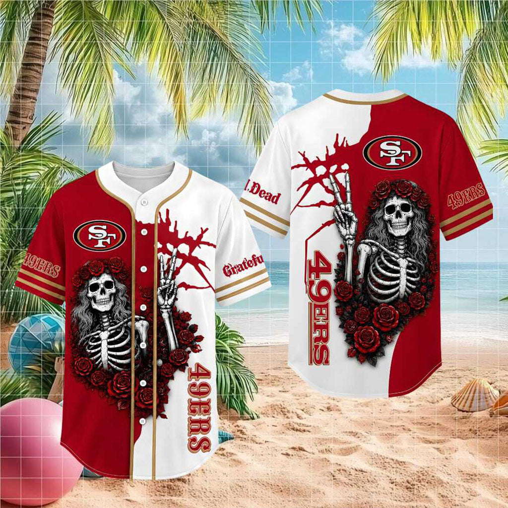 San Francisco 49ers Skeleton Grateful Roses Baseball Jersey 49ers Merch Gifts For Father - Merchluma