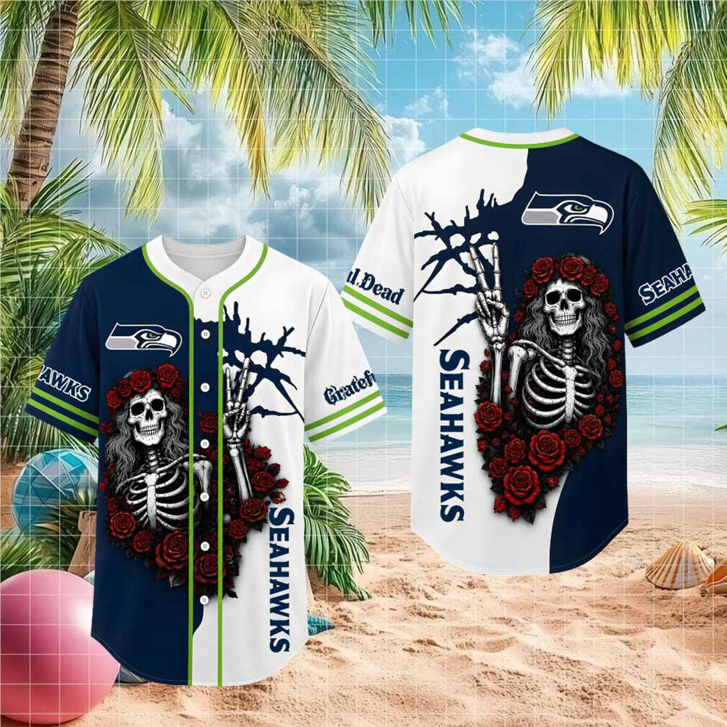 Seattle Seahawks Skeleton Grateful Roses Baseball Jersey Seahawks Merch Gifts For Fan - Merchluma