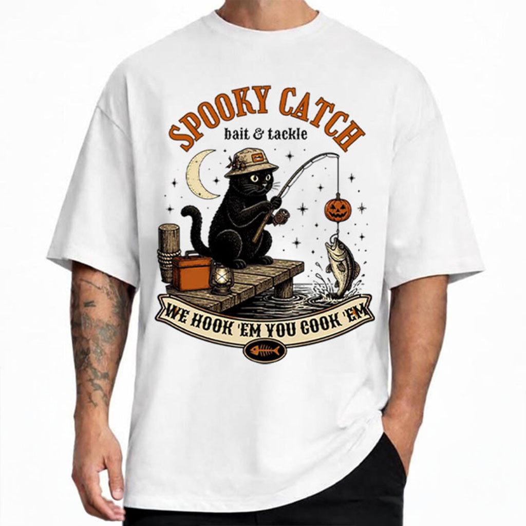 Spooky Catch Bait Tackle Black Cat Halloween Fishing T-Shirt Gifts For Halloween - Merchluma