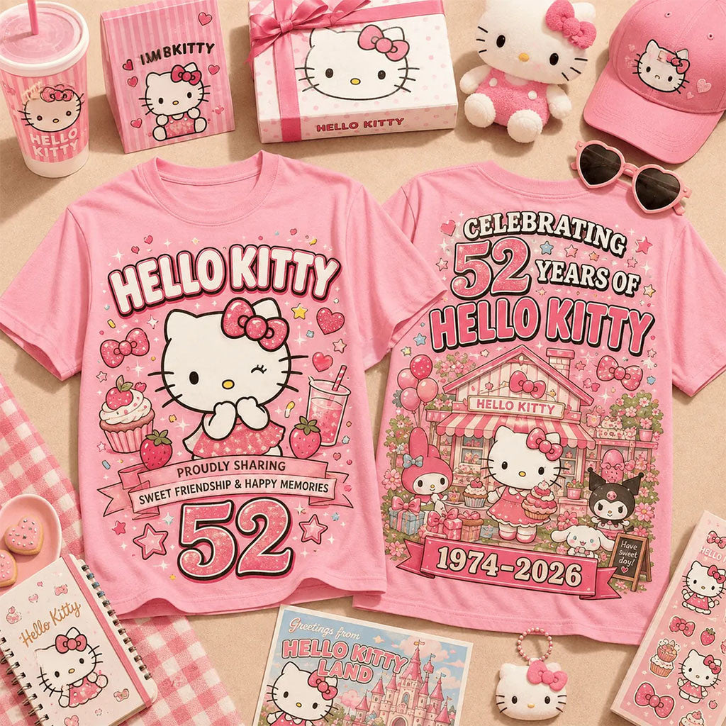 Hello Kitty 52nd Anniversary Pink T-Shirt Proudly Sharing Shirt Hello Kitty Merch Cute Gifts - Merchluma