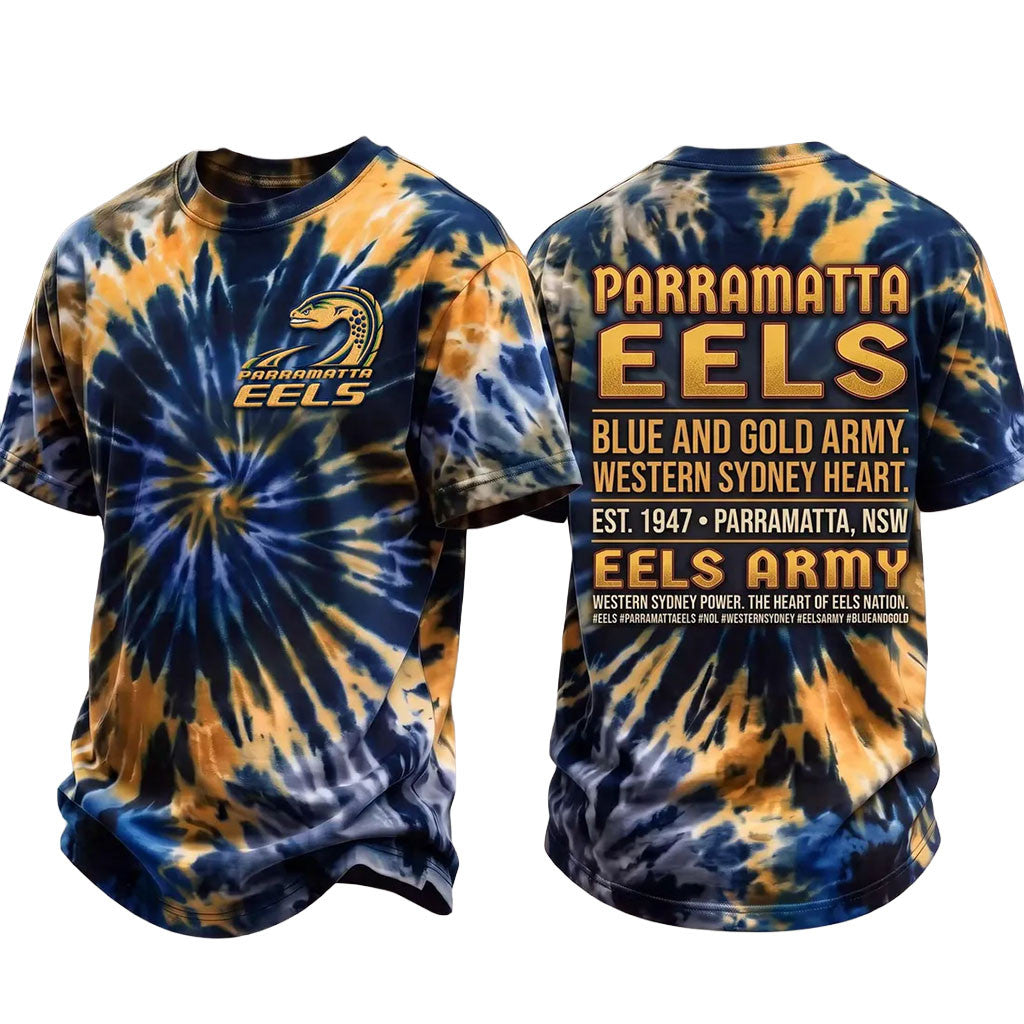 Parramatta Eels Blue And Gold Army Tie Dye T-Shirt Western Sydney Heart Parramatta Eels Merch - Merchluma