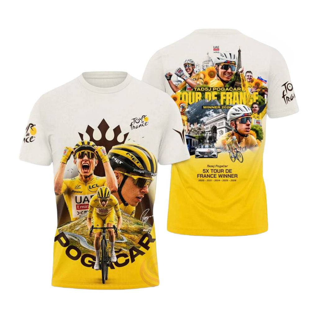 Tadej Pogacar 5x Tour De France Winner 2026 Shirt Tadej Pogacar Merch Gifts For Cyclist Fan - Merchluma