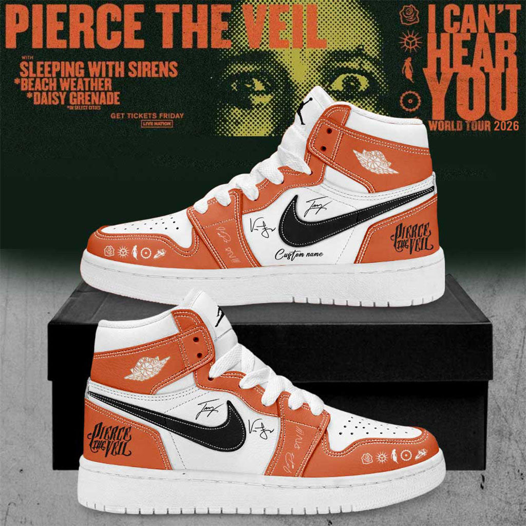 Custom Pierce The Veil Merch I Can't Hear You World Tour 2026 Signature Shoes Orange White - Merchluma