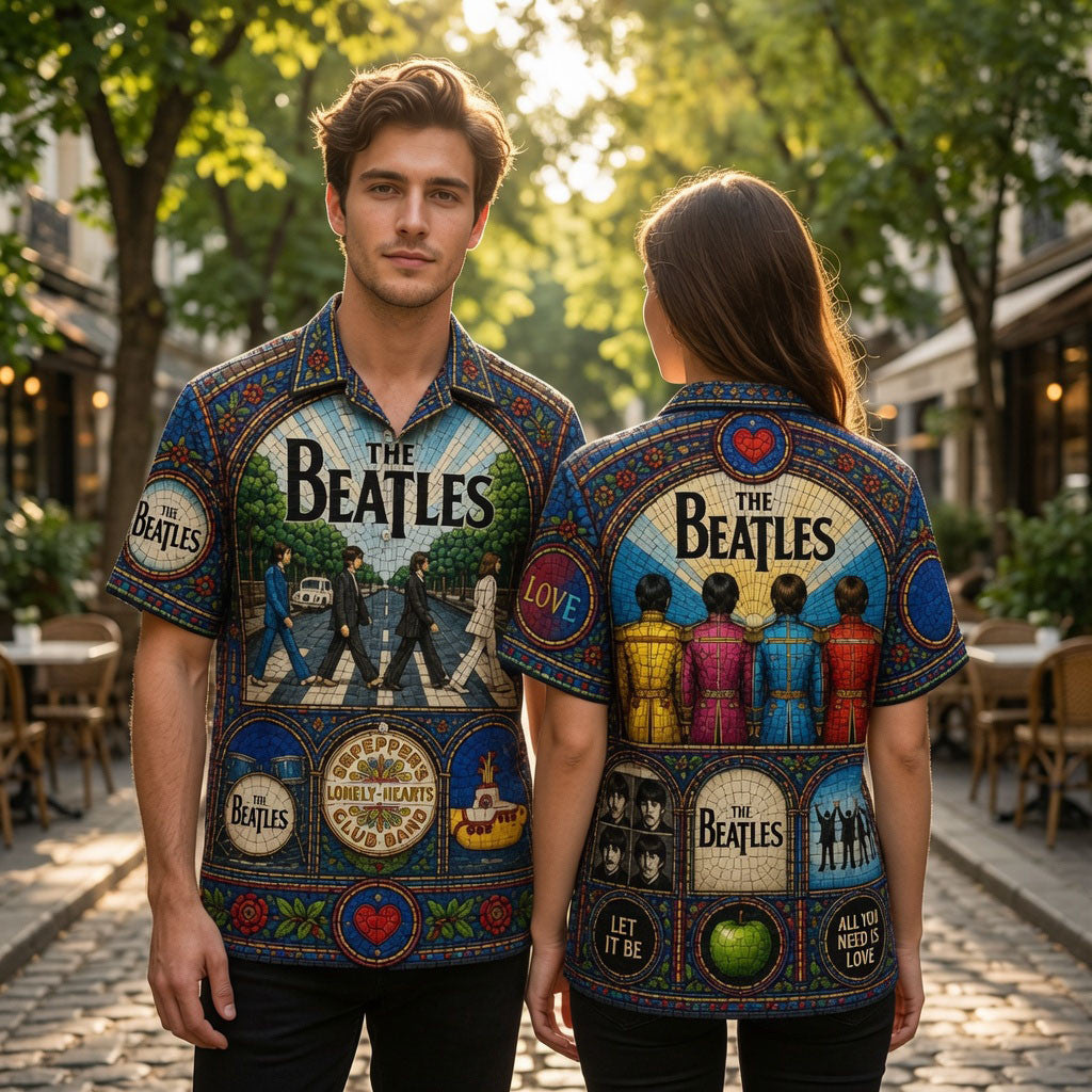 The Beatles Stained Glass Abbey Road Sgt Pepper Retro Rock Hawaiian Shirt The Beatles Merch - Merchluma