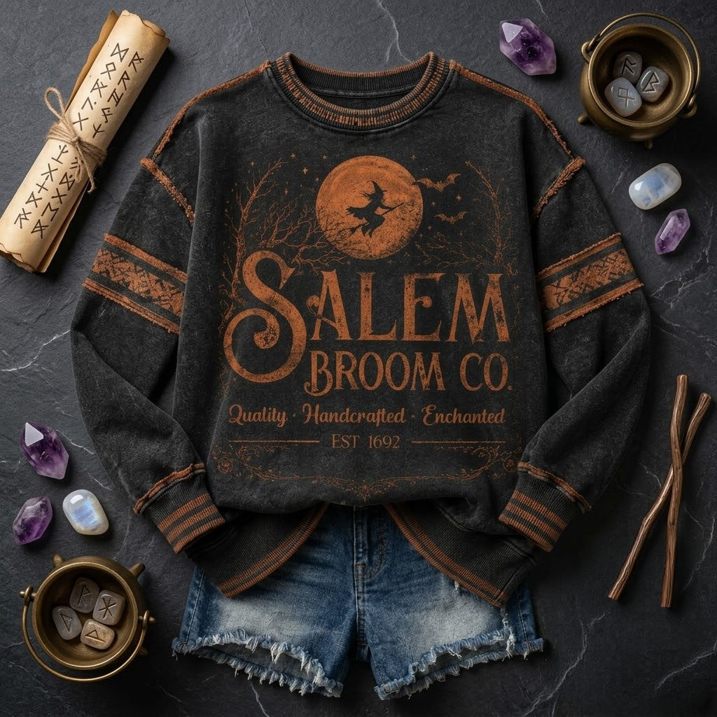 Halloween Witch Salem Broom Co Sweatshirt Quality Handcrafted Enchanted Halloween Clothing - Merchluma