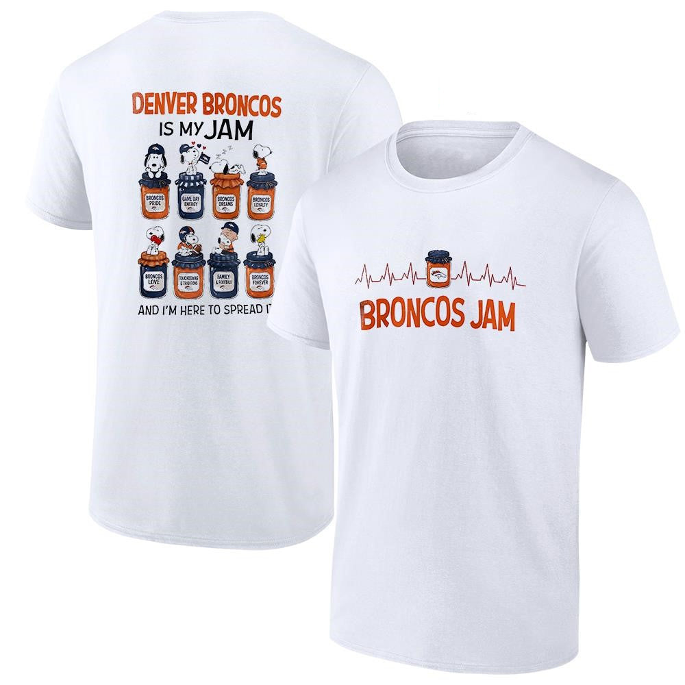 Denver Broncos Merch 2026 Broncos X Snoopy Is My Jam And I'm Here To Spread It T-Shirt White - Merchluma