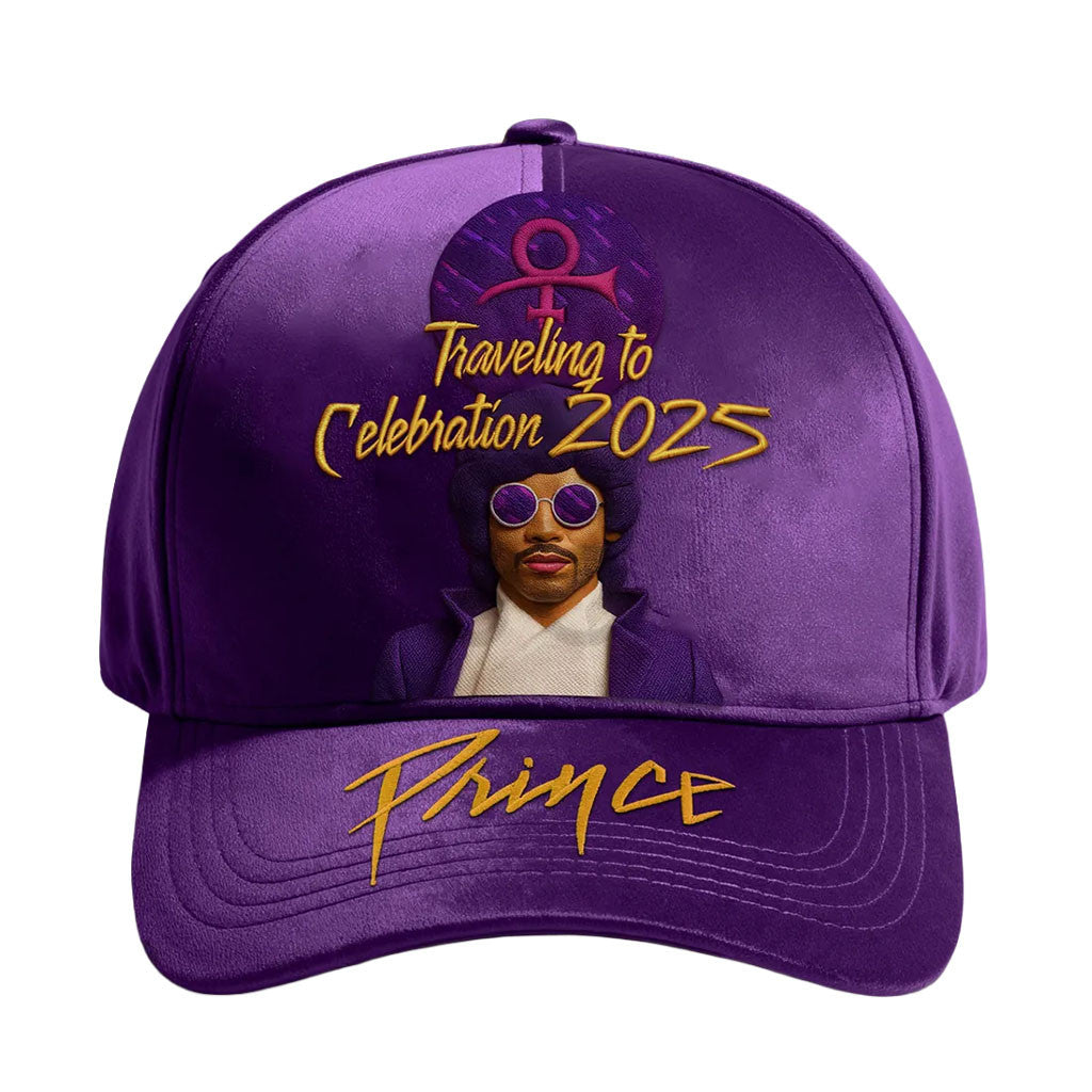 Prince Traveling to Celebration Purple Baseball Cap Prince Merch Cool Gifts For Music Lovers - Merchluma