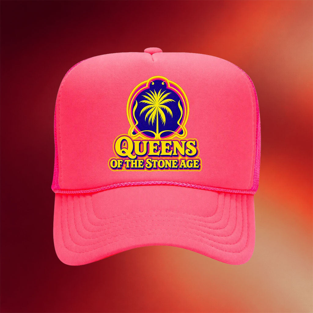 Queens Of The Stone Age Merch 2026 Palm Tree Trucker Hat Gift Ideas For Band Fans - Merchluma