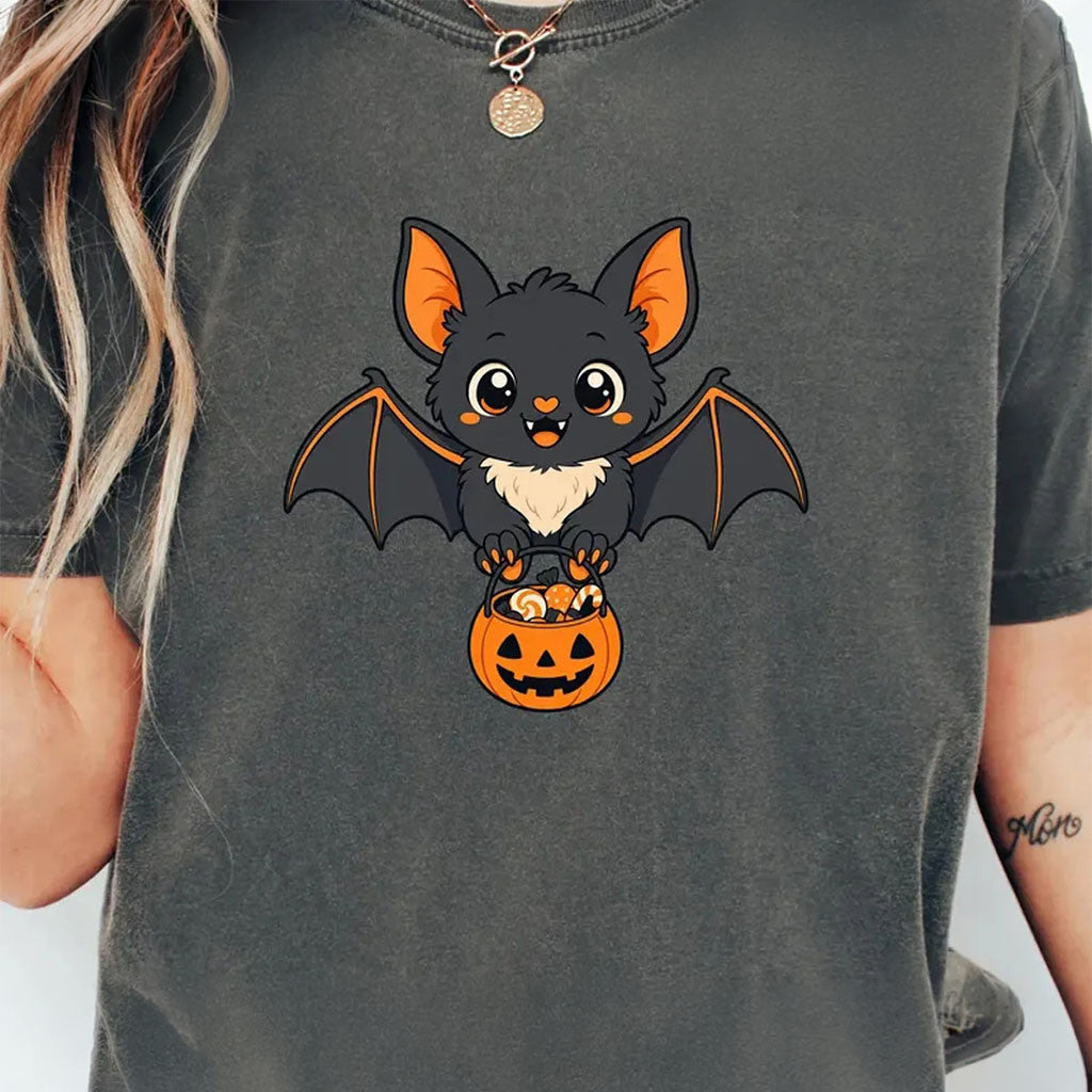 Cute Bat With Candy Bucket Shirt Trick Or Treat Shirt Kawaii Bat Gift For Halloween - Merchluma