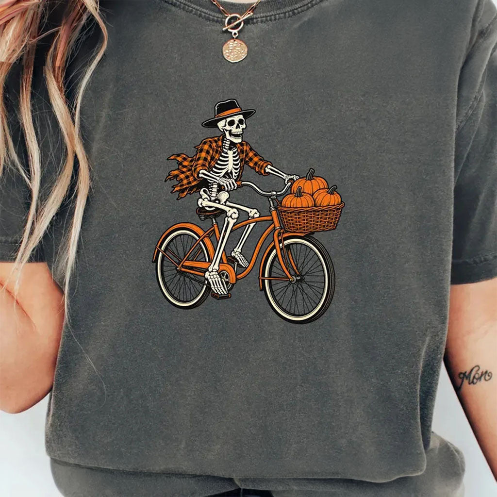 Skeleton Riding Bike With Pumpkins Shirt Vintage Halloween Shirt Cute Fall Spooky Season Gifts - Merchluma