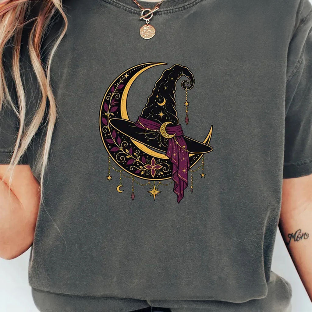 Witch Hat On Crescent Moon Shirt Celestial Witchy Halloween Shirt For Women Spooky Gifts - Merchluma