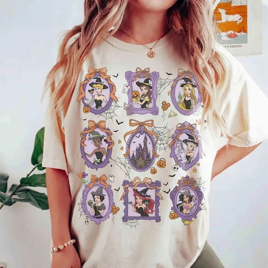 Coquette Bow D Princess Halloween Shirt Belle Elsa Tiana Cinderella Witches Tee Halloween Gifts - Merchluma