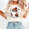 Cute Ghost With Iced Coffee T-Shirt Pumpkin Halloween Shirt Adorable Gift For Her - Merchluma