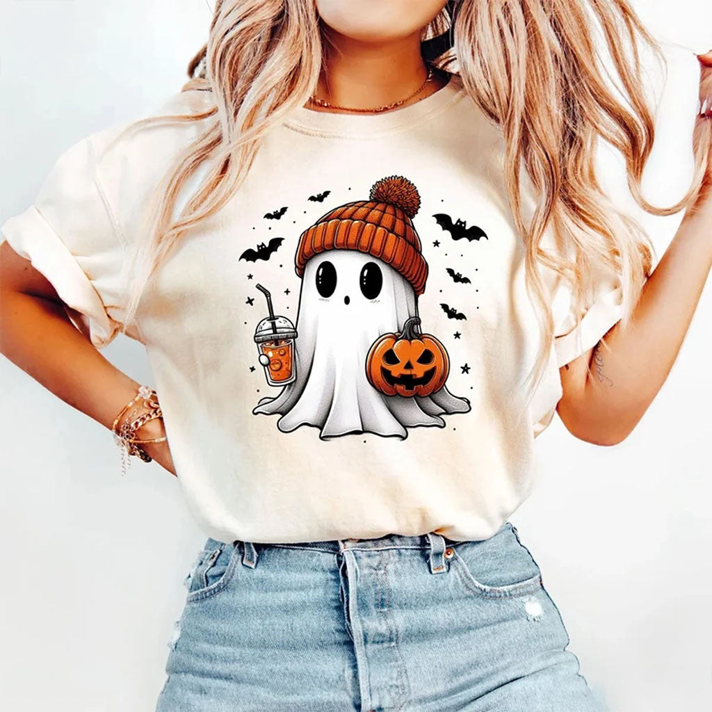 Cute Ghost With Iced Coffee T-Shirt Pumpkin Halloween Shirt Adorable Gift For Her - Merchluma