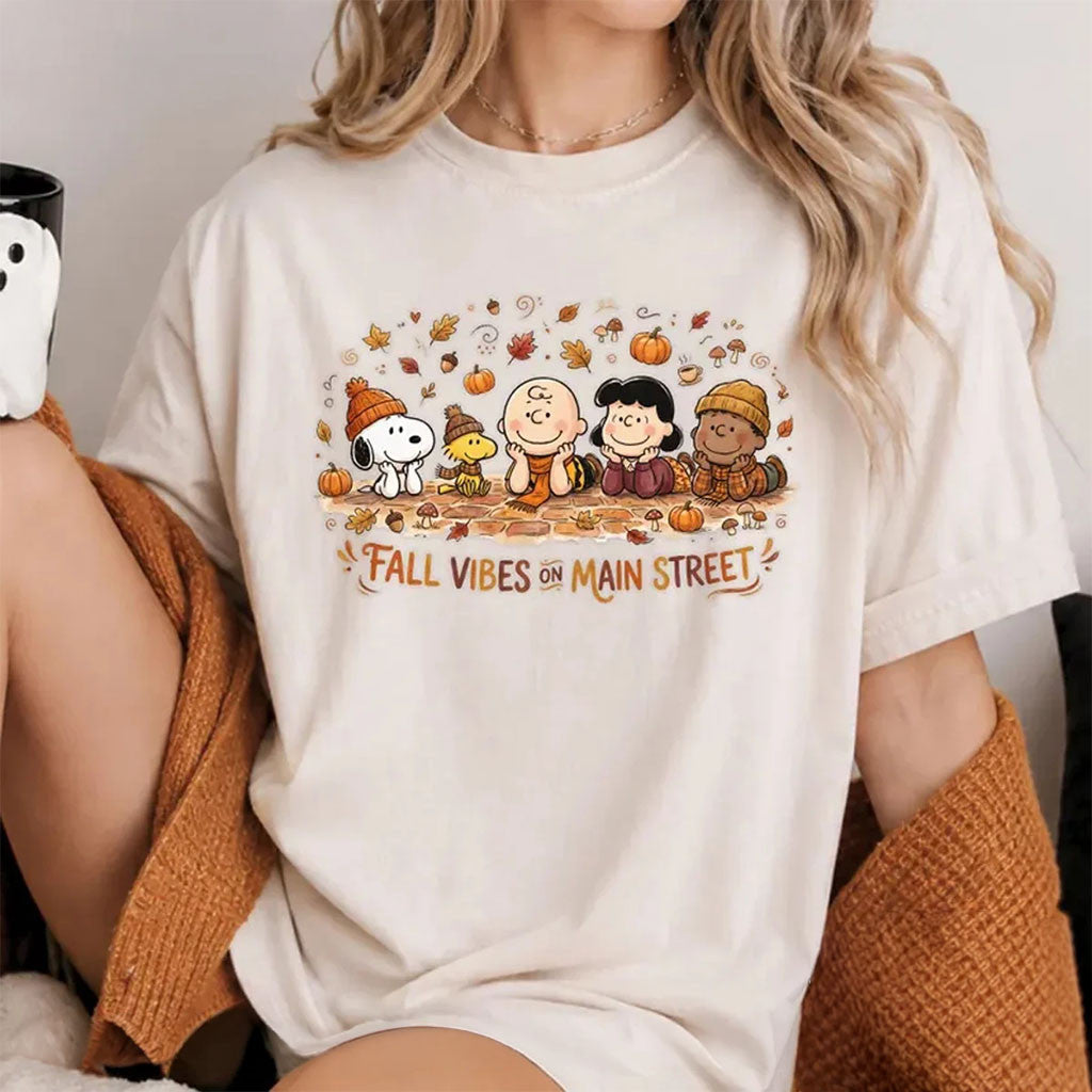 Snoopy Fall Vibes On Main Street T-Shirt Cozy Autumn Vintage Cartoon Shirt Cute Gift For Her - Merchluma