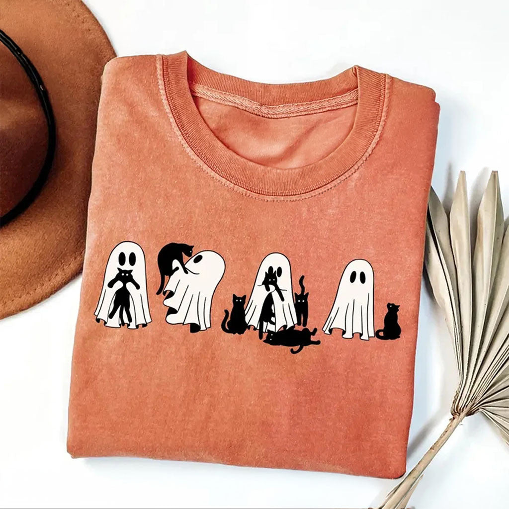 Halloween Black Cat Ghost Shirt Spooky Season Tee Halloween Cute Women Outfits For Cat Lovers - Merchluma