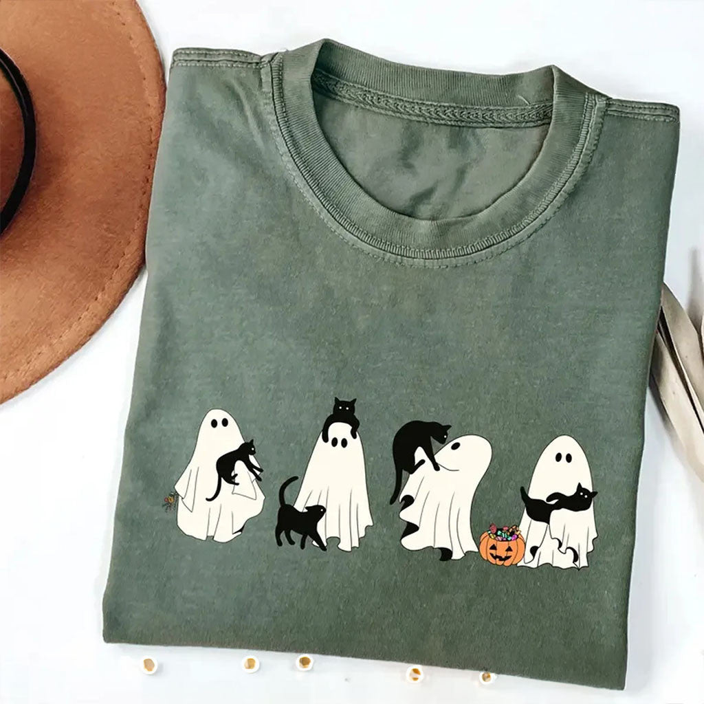 Ghost And Cat T-Shirt Halloween Shirt Cat Lover Halloween Gift Spooky Season 2026 - Merchluma