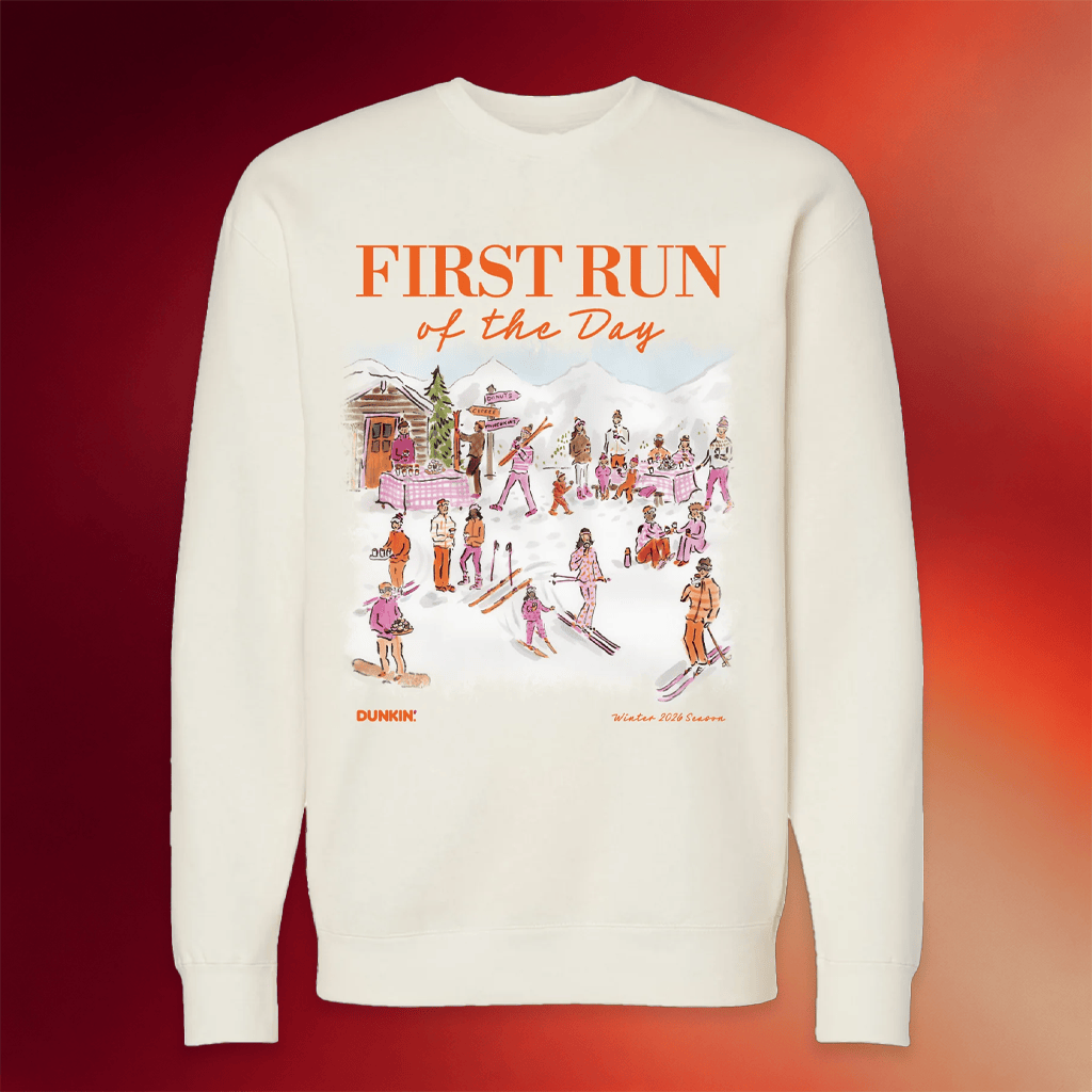 Dunkin Runs On Merch 2026 First Run Of The Day Ski Crewneck Sweatshirt Birthday Gift For BFF - Merchluma