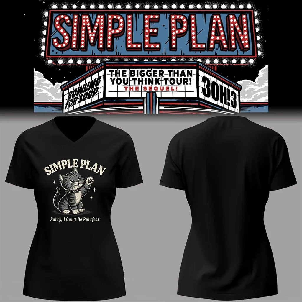 Simple Plan Bigger Than You Think Tour Merch 2026 Cat Sorry I Can't Be Purrfet V-Neck Shirt - Merchluma