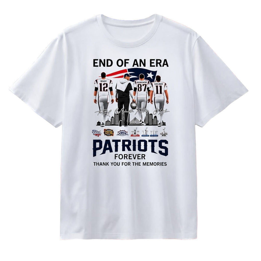 NE Patriots End Of An Era Signature T-Shirt White New England Patriots Merch Football Fan Gifts - Merchluma