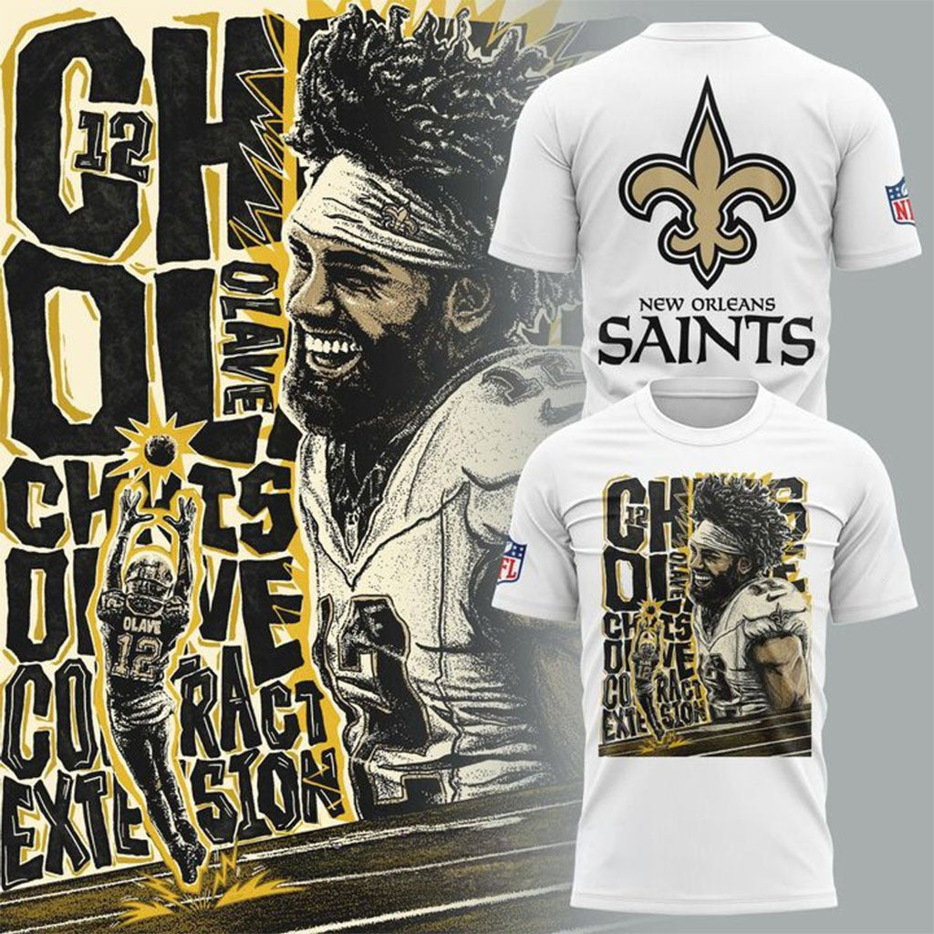 New Orleans Saints Chris Olave #12 Contract Extension T-Shirt White NO Saints Merch Fan Gifts - Merchluma