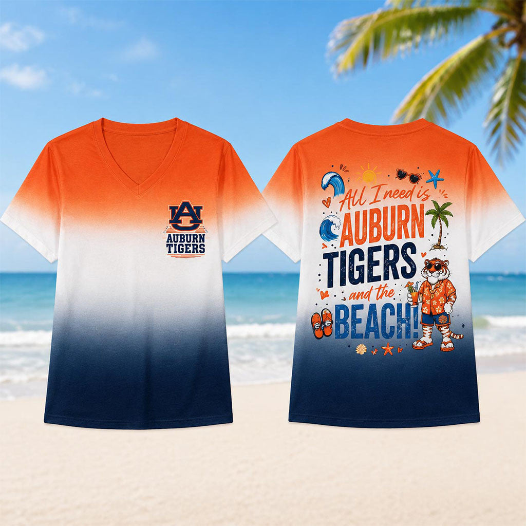Auburn Tigers Tropical Beach Vibes V-Neck Shirt 2026 Auburn Tigers Merch Summer Gifts - Merchluma