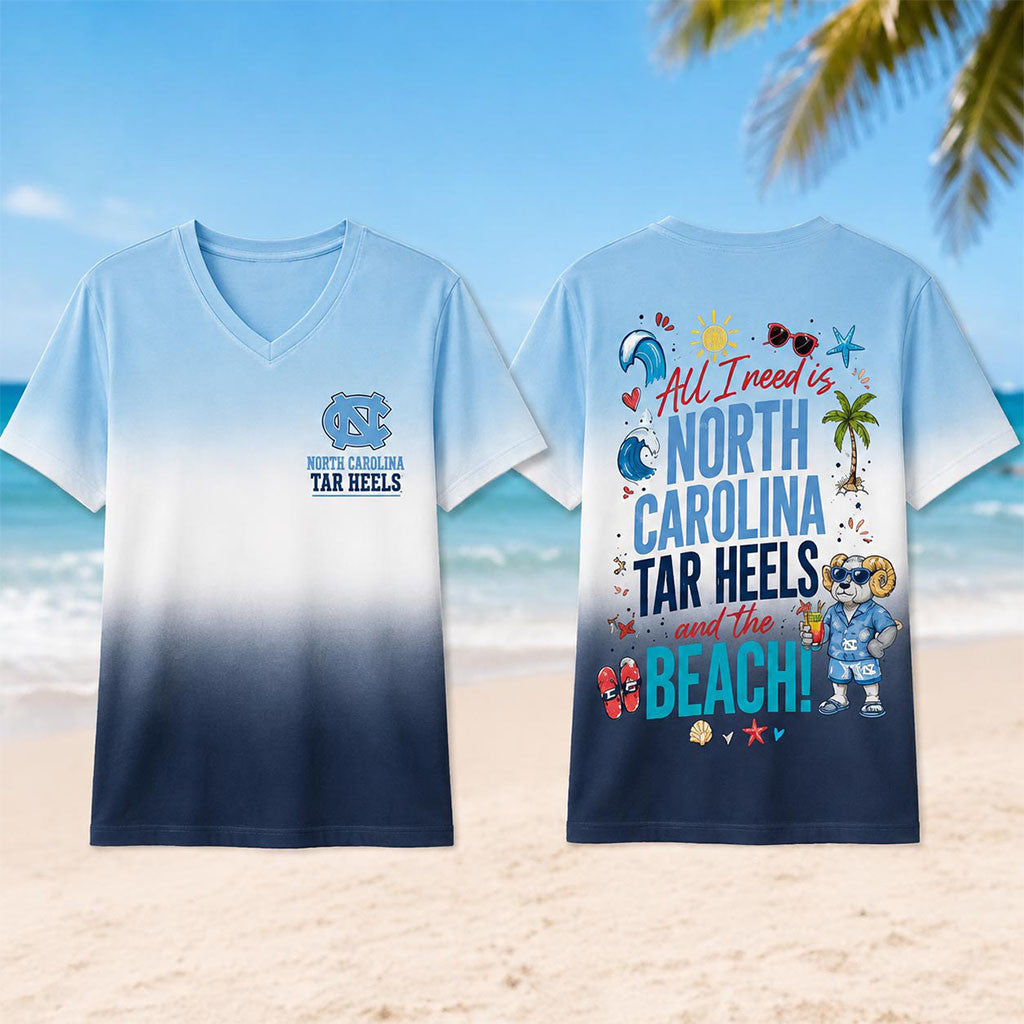 North Carolina Tar Heels Tropical Beach Vibes V-Neck Shirt Tar Heels Merch Game Day Outfits - Merchluma