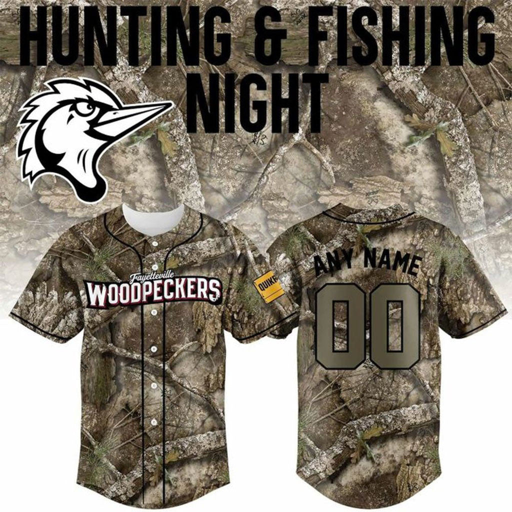 Personalized Fayetteville Woodpeckers Hunting and Fishing Night 2026 Baseball Jersey Fan Merch - Merchluma