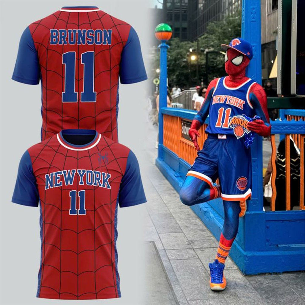 New York Knicks Jalen Brunson X Spider-Man T-Shirt #11 Jalen Brunson Merch Brothers Gifts - Merchluma