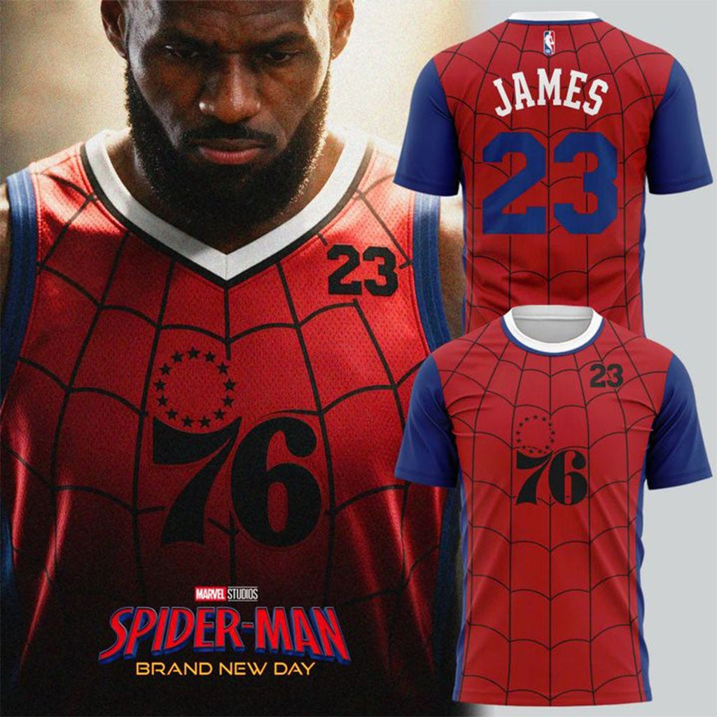 Philadelphia 76ers LeBron James X Spider-Man T-Shirt #23 LeBron James Merch 2026 Gift For Fans - Merchluma