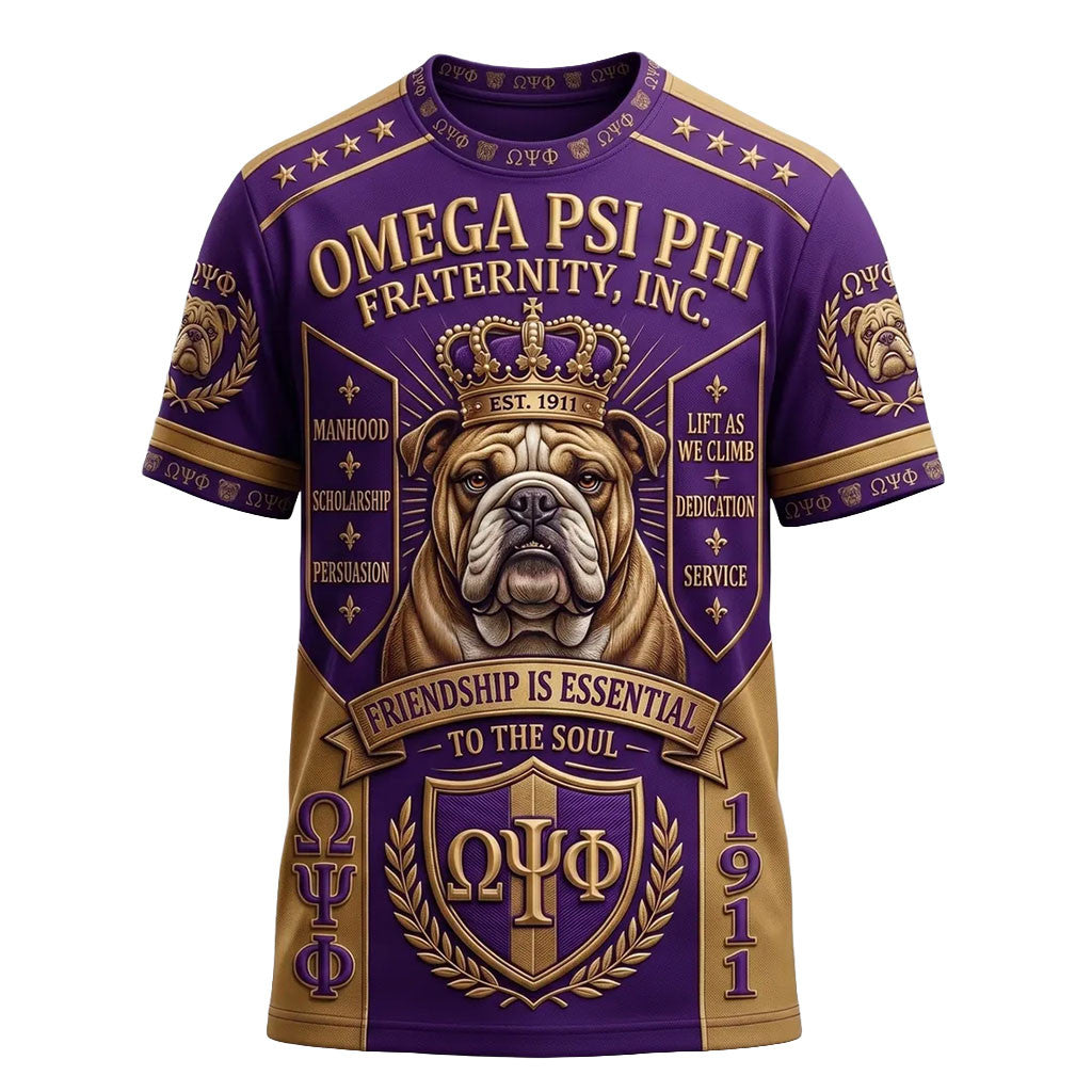 Omega Psi Phi Fraternity Bulldog Purple Gold T-Shirt Friendship Is Essential To The Soul Shirt - Merchluma
