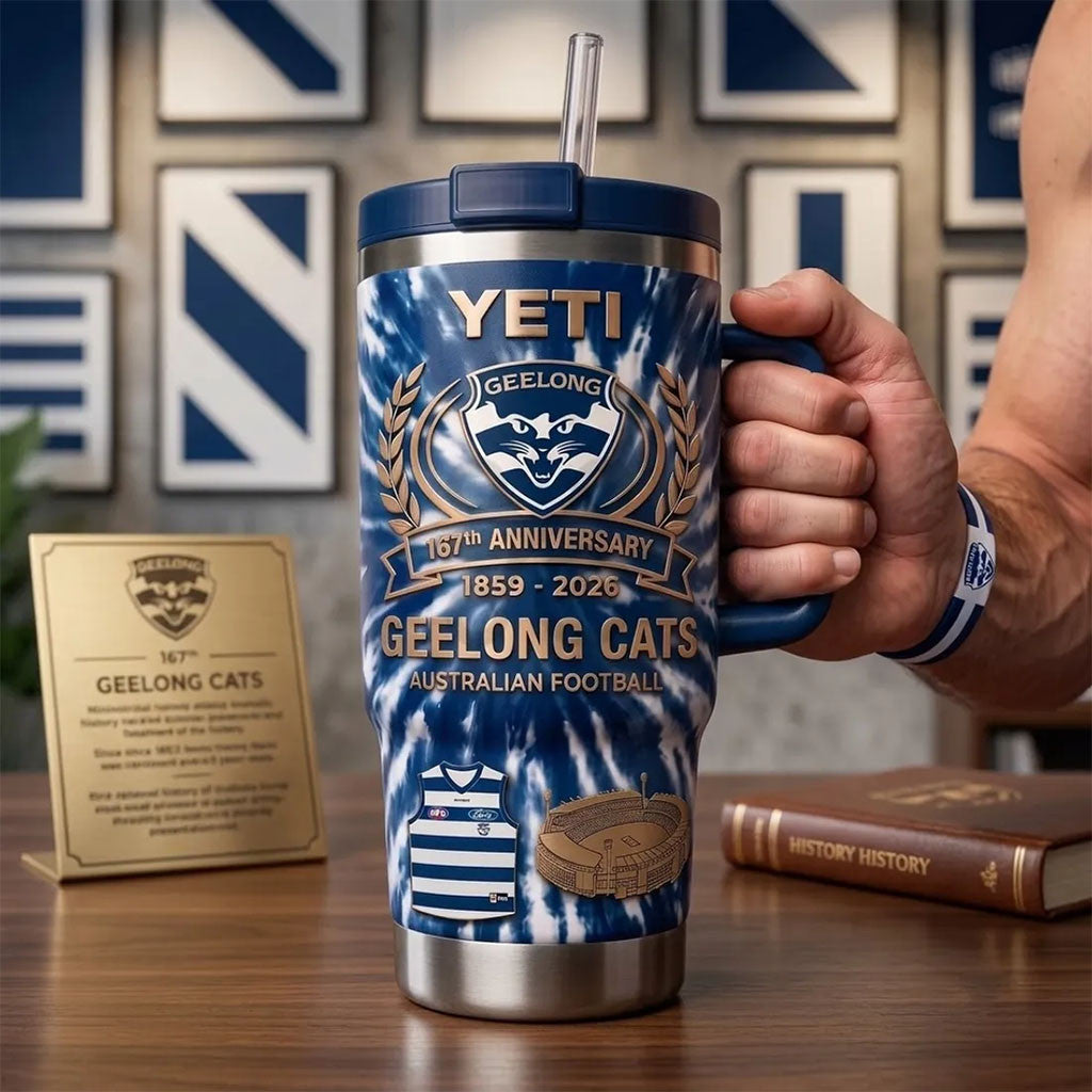 Geelong Cats 167th Anniversary Yeti Stanley Tumbler Geelong Cats Merch Football Fan Gifts - Merchluma