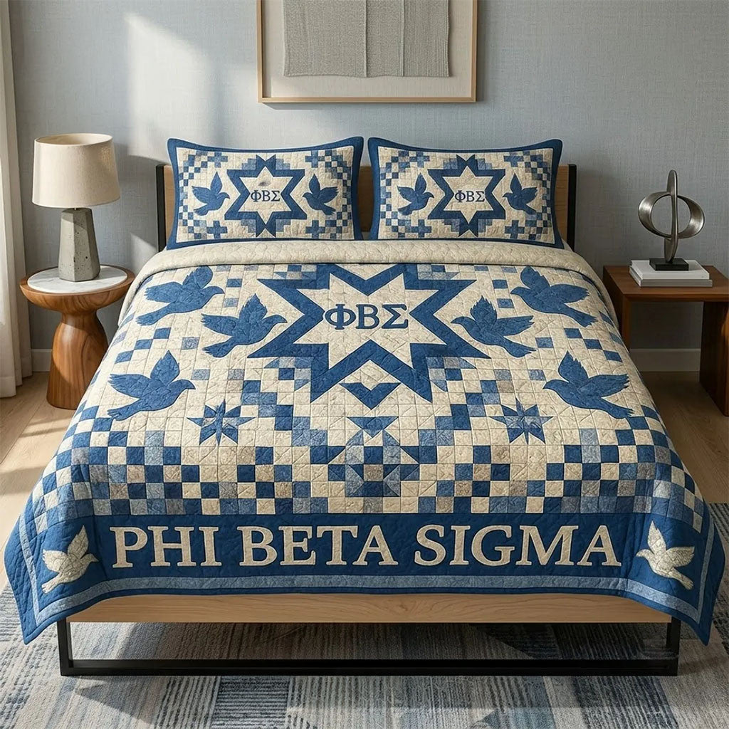 Phi Beta Sigma Blue Quilt Bedding Set Bedroom Decor Ideas PBS Fraternity Merch Dad Gifts - Merchluma