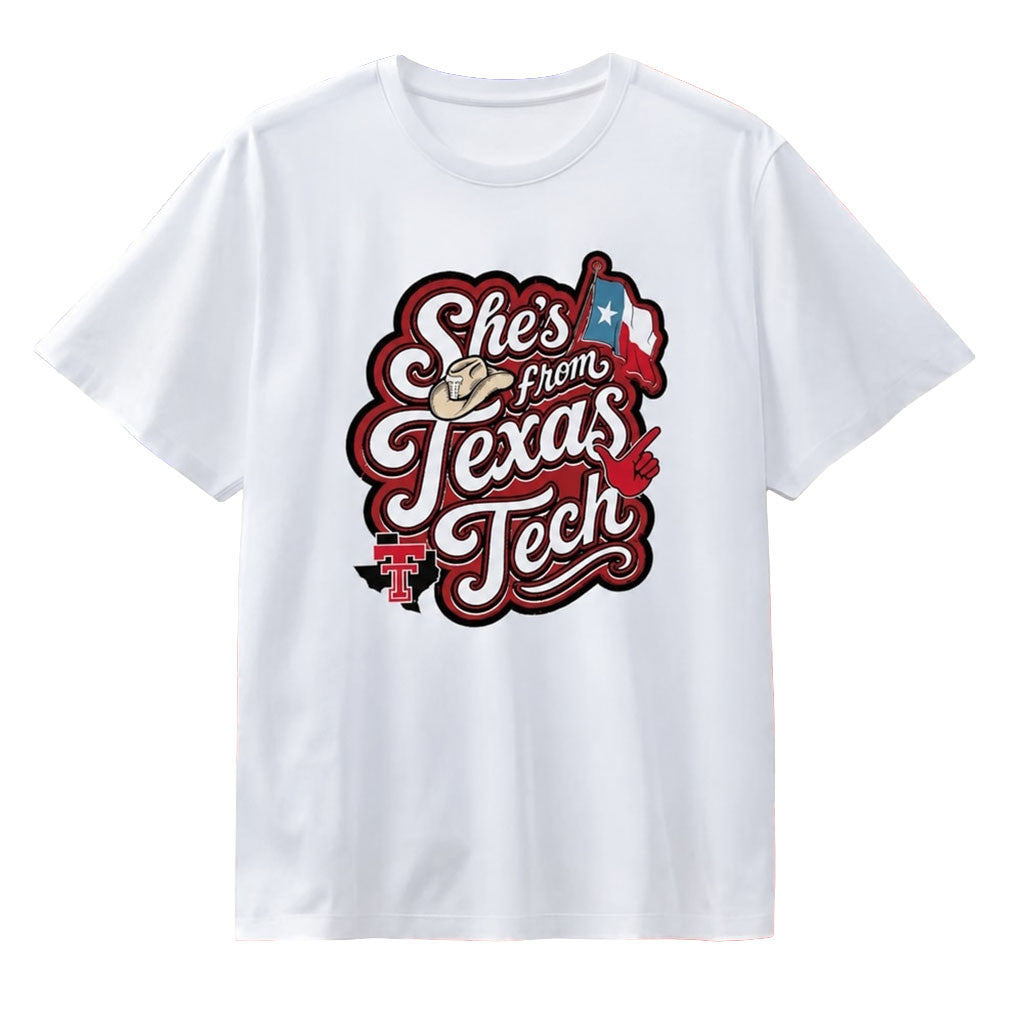 Texas Tech Red Raiders She's From Cowboy Hat Flag T-Shirt Raiders Merch Gifts For Fans - Merchluma
