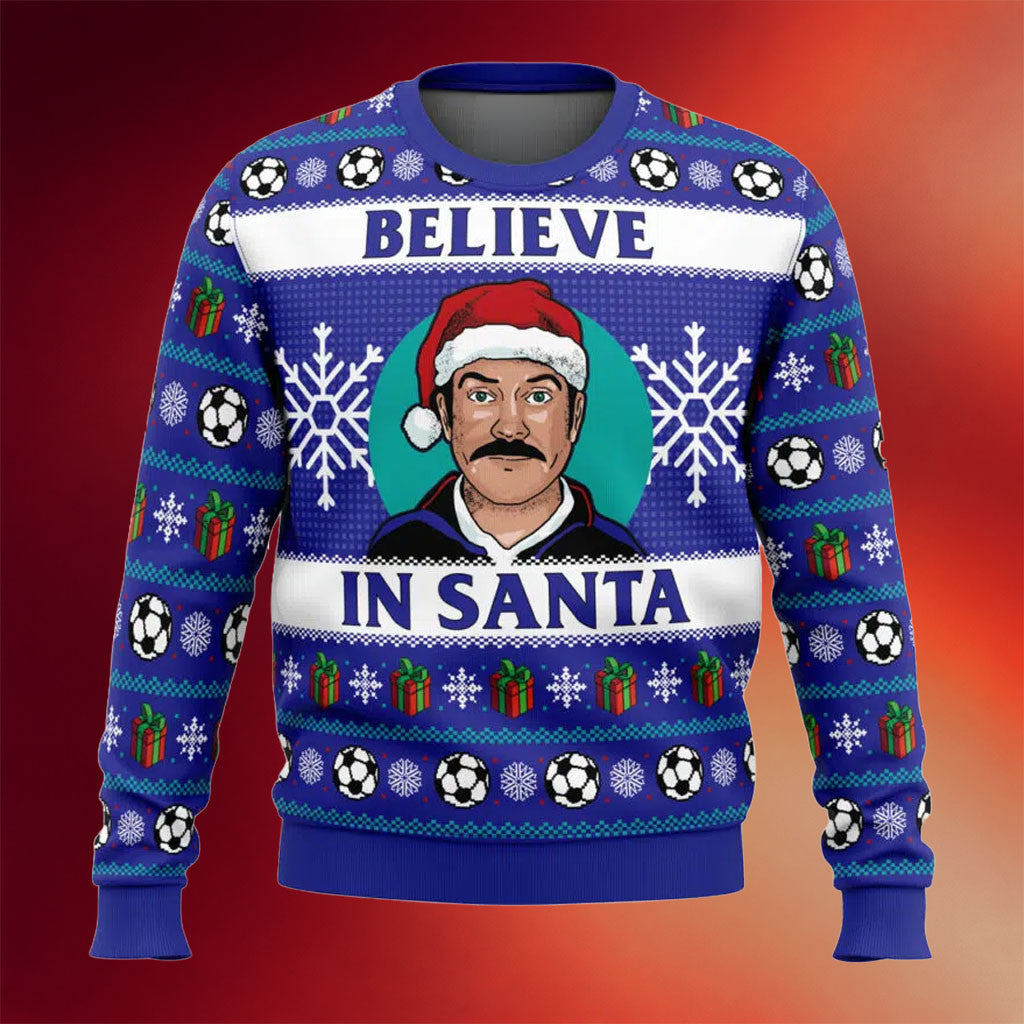 Ted Lasso Merch 2026 Believe Ted Lasso PC Ugly Christmas Sweater Believe In Satan Xmas Jumper - Merchluma