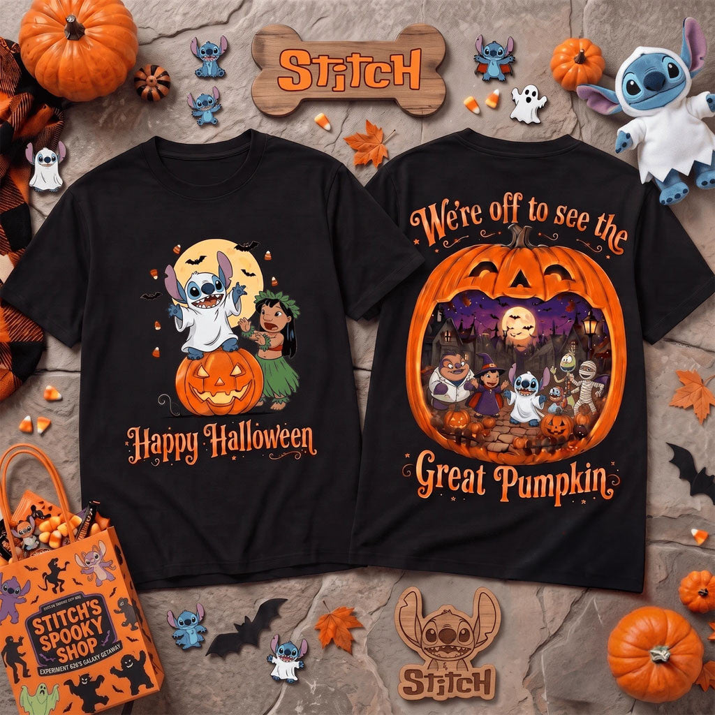 Stitch And Lilo We're Off To See The Great Pumpkin Halloween 2026 T-Shirt Gifts For BFF - Merchluma