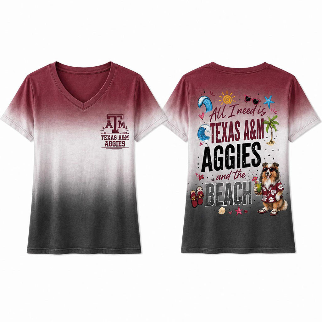 Texas A&M Aggies Merch All I Need Is Texas A&M Aggies And The Beach V-Neck Shirt Fan Gifts - Merchluma